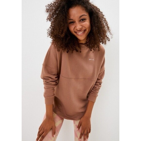 Victoria’s Secret Pullover Love Pink Embroidered Brown Beige Clay XS Oversized - Picture 2 of 10